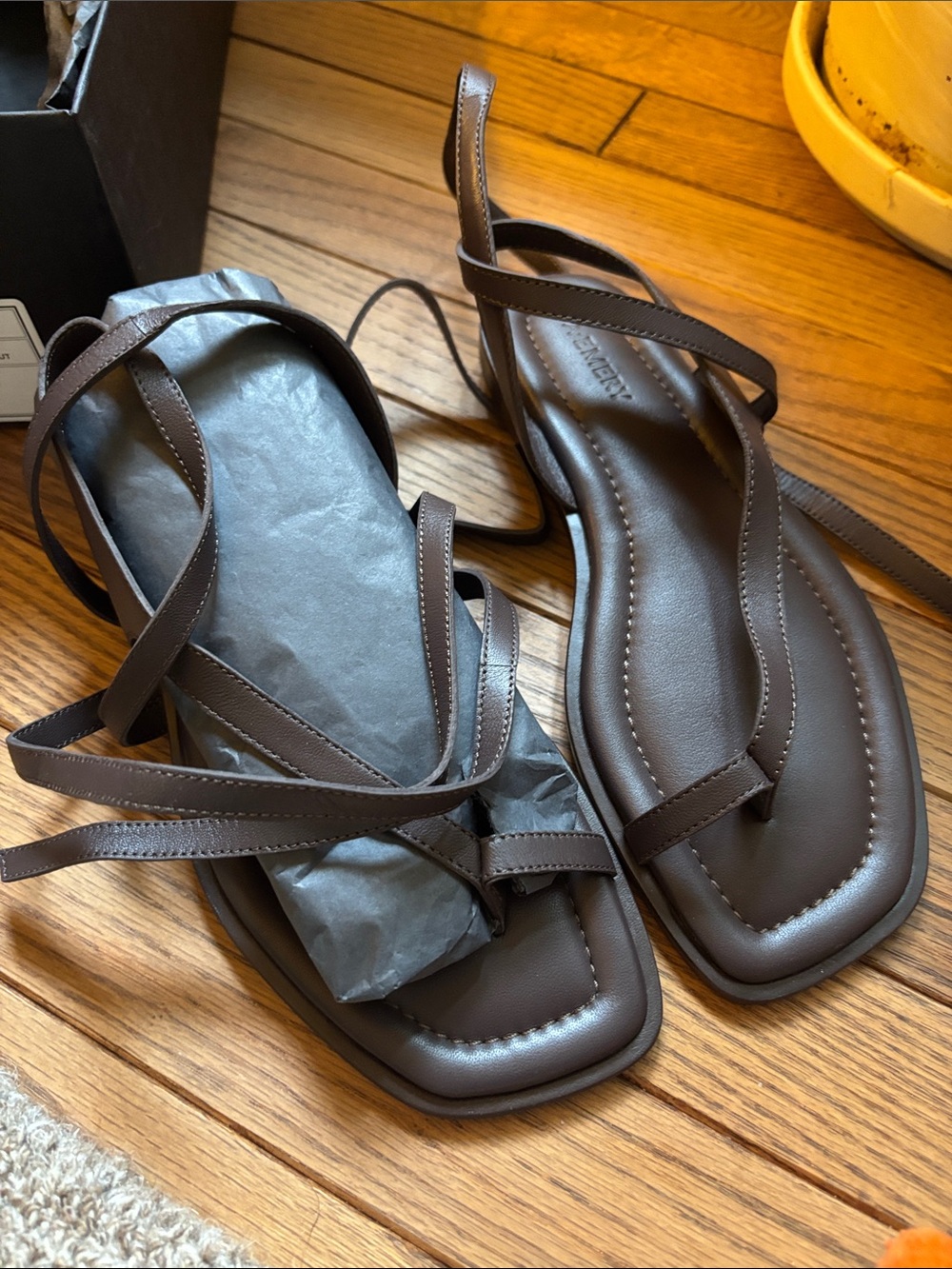 Square-Toe Brown Strappy Sandals with Ankle Wraps